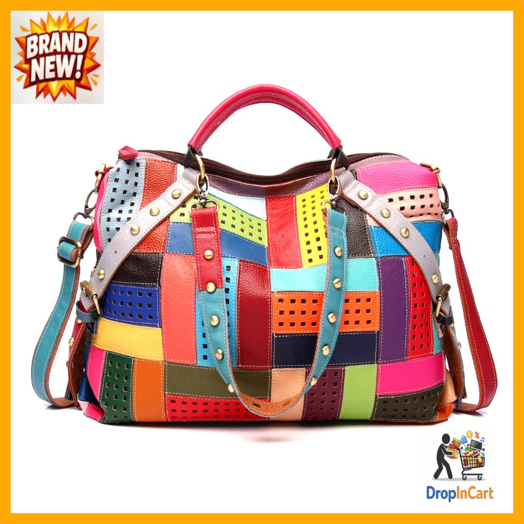 Genuine Leather Tote Hobo Handbag Multicolor Striped Work Travel Purse